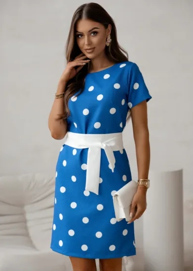 Sukienka w groszki z paskiem w talii jeansowa