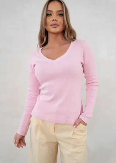 Bluzka basic w prążek V-neck różowy 