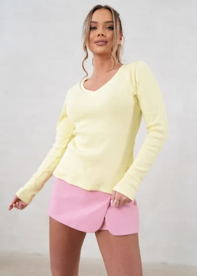 Bluzka basic w prążek V-neck żółty 