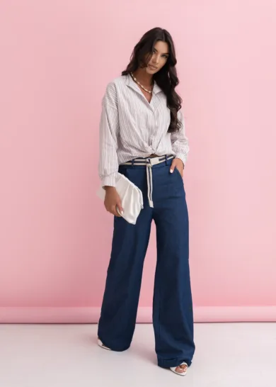 Spodnie jeansowe wide leg z paskiem